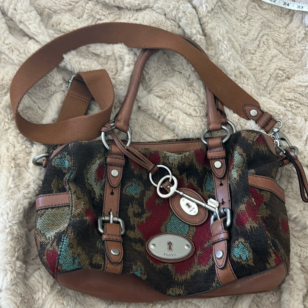Fossil Multicolor Tapestry Satchel with Brown Leather Trim